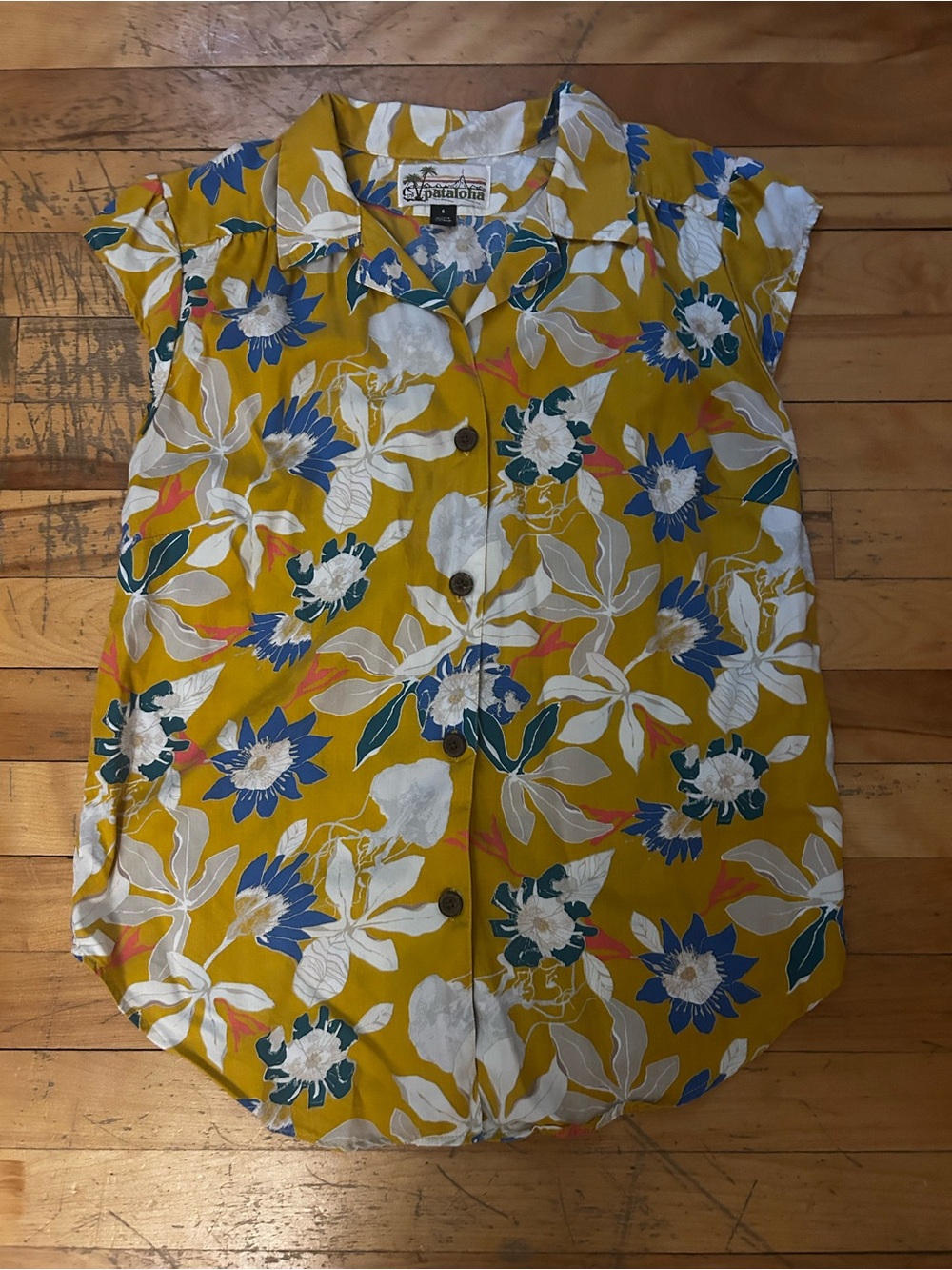 Patagonia Yellow Floral Button-Down Cap-Sleeve Top